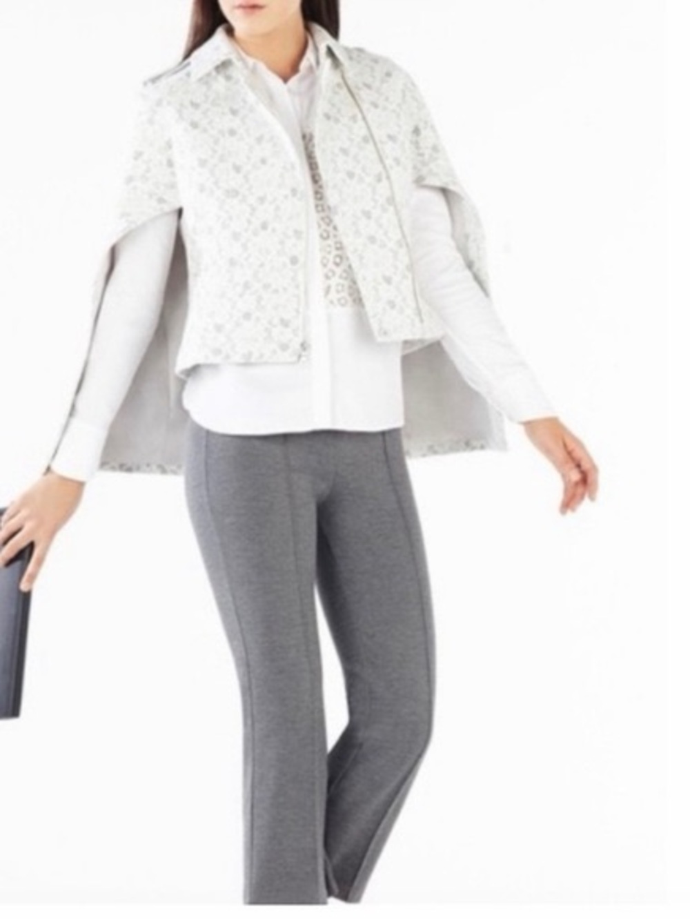 BCBGMaxAzria Lace Cape Jameson Blazer Gray Floral Lace Zip-Front Cape Jacket XXS